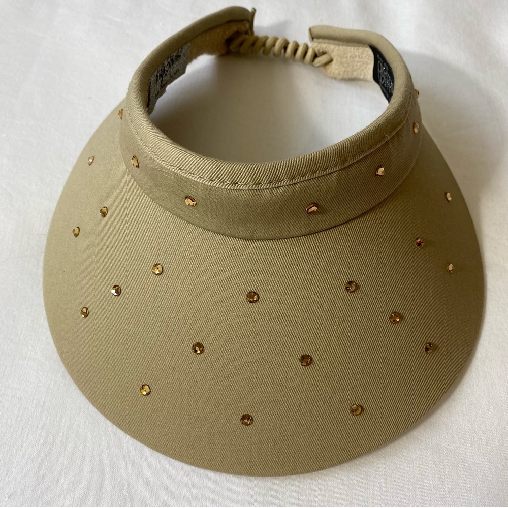 High Spirits Tan Golf Visor Swarovski Crystal Studded Curled Lace Back Sun Visor